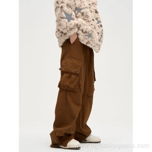 Mens Cotton Multi Pockets Wide Leg Cargo Pants